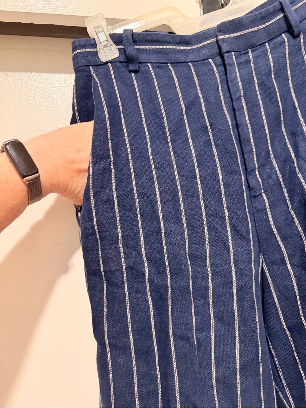100% Linen Navy Pinstripe Linen Trousers - Picture 2 of 10